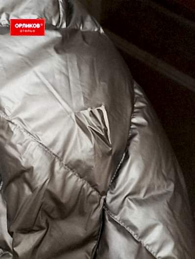 Серебристый пуховик до установки дизайнерской заплатки
